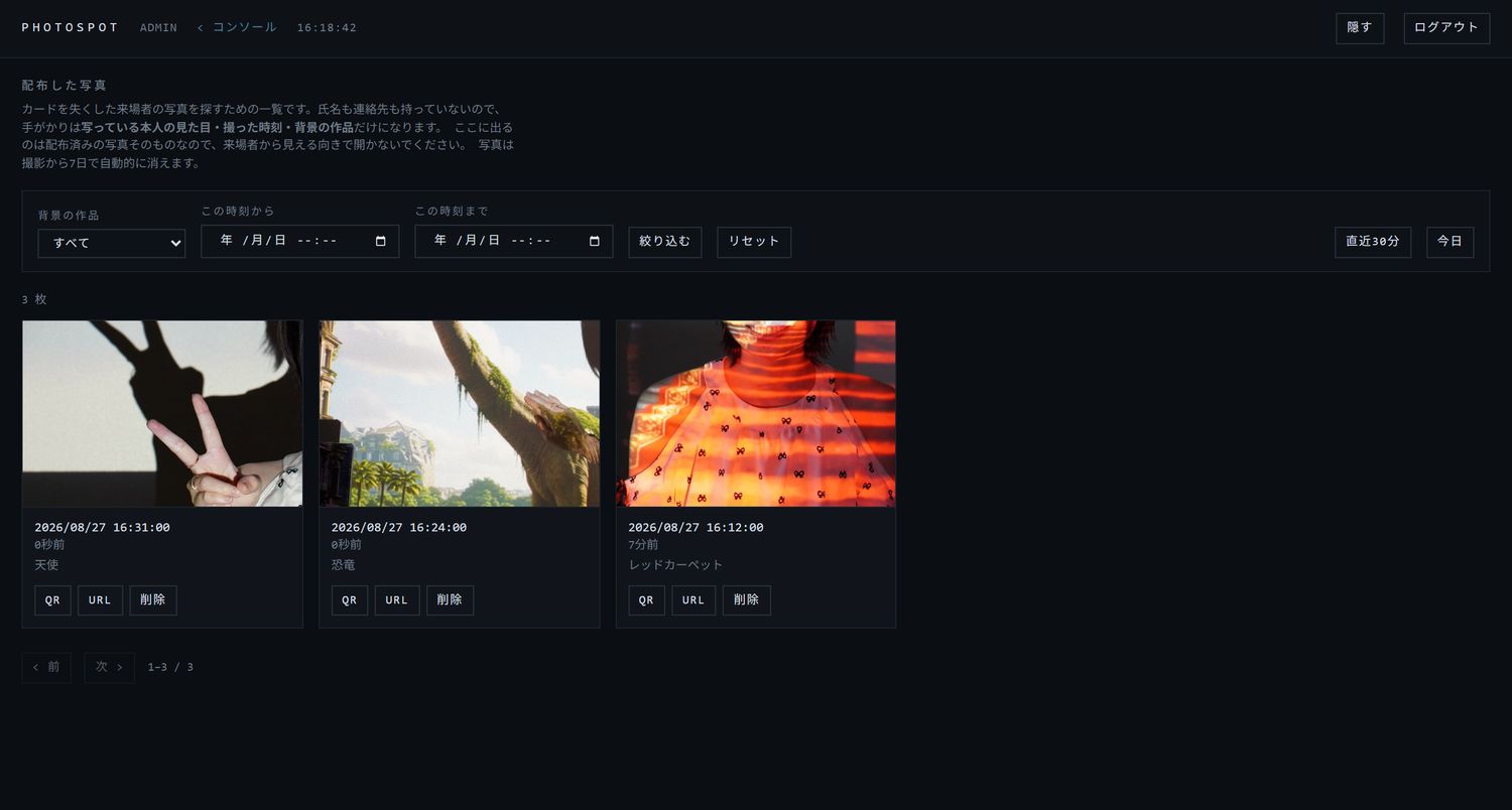 管理画面で配布済みの写真を一覧しているところ